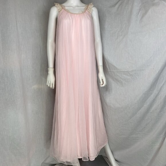 VTG PEIGNOIR SET ROBE GOWN INTIME DOUBLE CHIFFON NYLON Négligée Pink Cream Lace - Picture 2 of 16